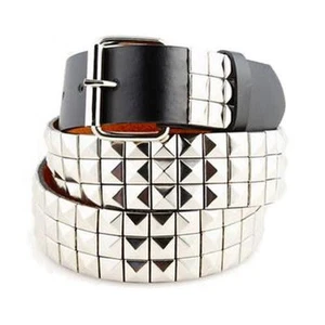 Unisex 3-Row Metal Pyramid Studded Leather Belt Mens Womens Punk Rock Goth Emo - Picture 1 of 26
