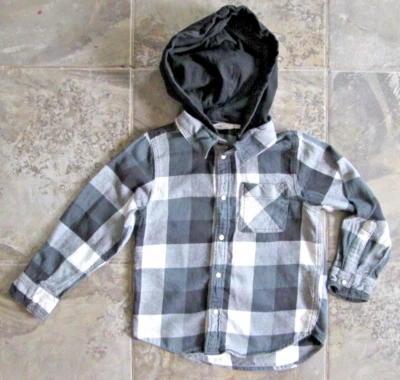 H&M Boys Shirt Size 5 Hooded Flannel Pearl Snaps Black White Plaid Long Sleeve - Image 1 of 4