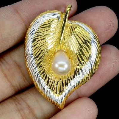 925 Sterling Silver Pendant Drop Pearl 8x6mm Leaf Natural Gemstone Jewelry - Image 1 of 4