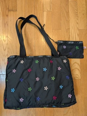 LESPORTSAC Bag & Purse, Flower Embroidery Black Zipper Tote Lightweight Travel - Image 1 of 4