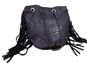 Tasche Velours Leder schwarz Krokolook Bucket Beutel Fransen Kettenhenkel B179 - Bild 1 von 12