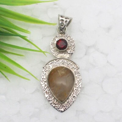 Silber Goldener Strahlende Quarz Halskette 925 Sterling Handmade Schmuck - Bild 1 von 2