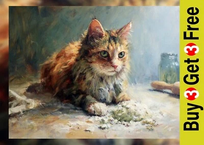 Impressão em papel fosco para gatos cobertos de farinha 5"x7" | Óleo de cozinha aconchegante obra de arte para gatos - Imagem 1 de 4