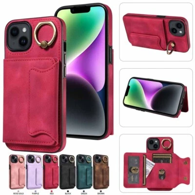 For iPhone 14 13 12 11 XS XR SE 7 8 Ring Holder Wallet Flip Leather Case Cover - Image 1 of 4