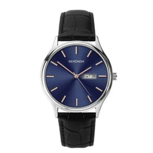 Sekonda Herrenuhr Tag Datum blaues Ziffernblatt schwarzes Lederband 1701 UVP 34,99£ - Bild 1 von 3
