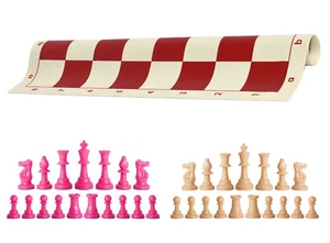 Piezas de ajedrez rosadas y naturales y tablero de vinilo rojo de 20" - juego de ajedrez triple ponderado - Imagen 1 de 4