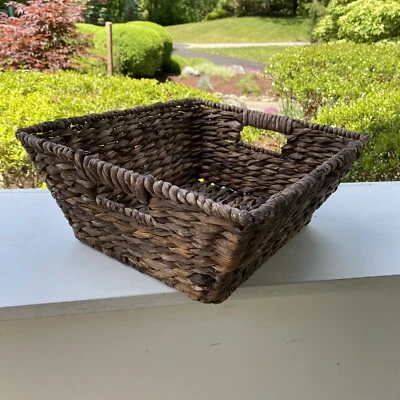 Large Brown Rectangular Boho Wicker Basket with Handles - Image 1 of 4