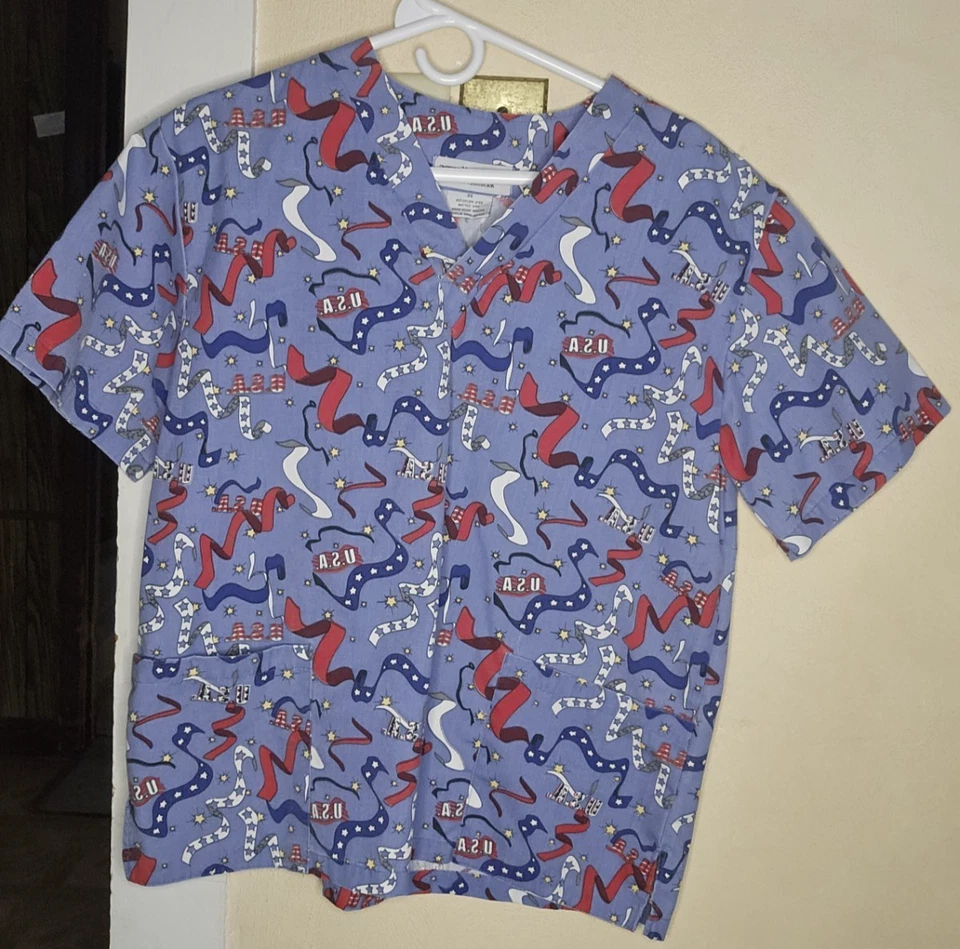 Natural Uniforms Natural Prints XS Scrub Top USA Red White Blue Unisex EUC - Image 1 of 1