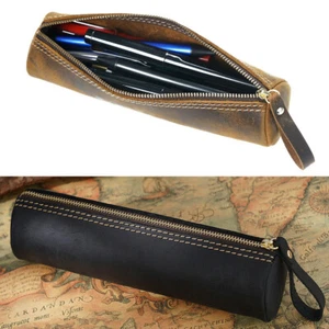 Handmade Cowhide Leather Pen Pouch Zipper Pencil Case Stationery Classic Storage - Picture 1 of 16