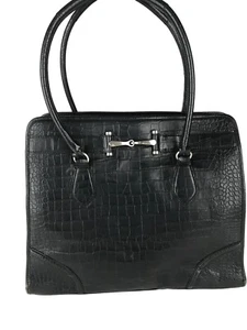 Ann Taylor Shoulder Bag Womens Black Crocodile Skin Leather Double Handles - Picture 1 of 8