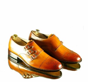 Handmade Men Tan Leather Cap Toe Brogue Monk shoes, Men Triple Buckle Dress shoe