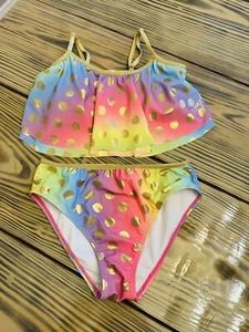 Betsey Johnson Girls Rainbow polka dot Bikini XL-14 Gold Trim - Picture 1 of 11