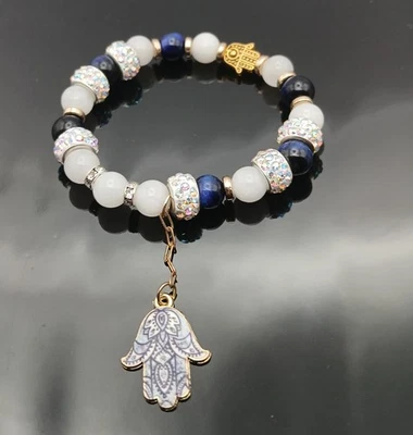 Pulsera de cuentas blanca jade azul ojo de tigre esmalte Hamsa encanto Lotsa brillantes Foto 1 de 4