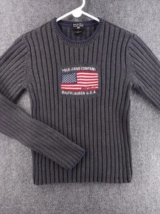 Ralph Lauren Flag Sweater Cotton USA Women Large Gray Ribbed Knit Pullover Crew - Picture 1 of 13