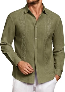 Makkrom Para Hombre Informal Algodón Lino Camisas Abotonadas Camisa Guayabera Cubana Larga - Imagen 1 de 5