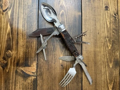 Vintage Thalco Hobo Camping Knife Japan 11 Multi Tools Bone Handles-Japan - Image 1 of 4