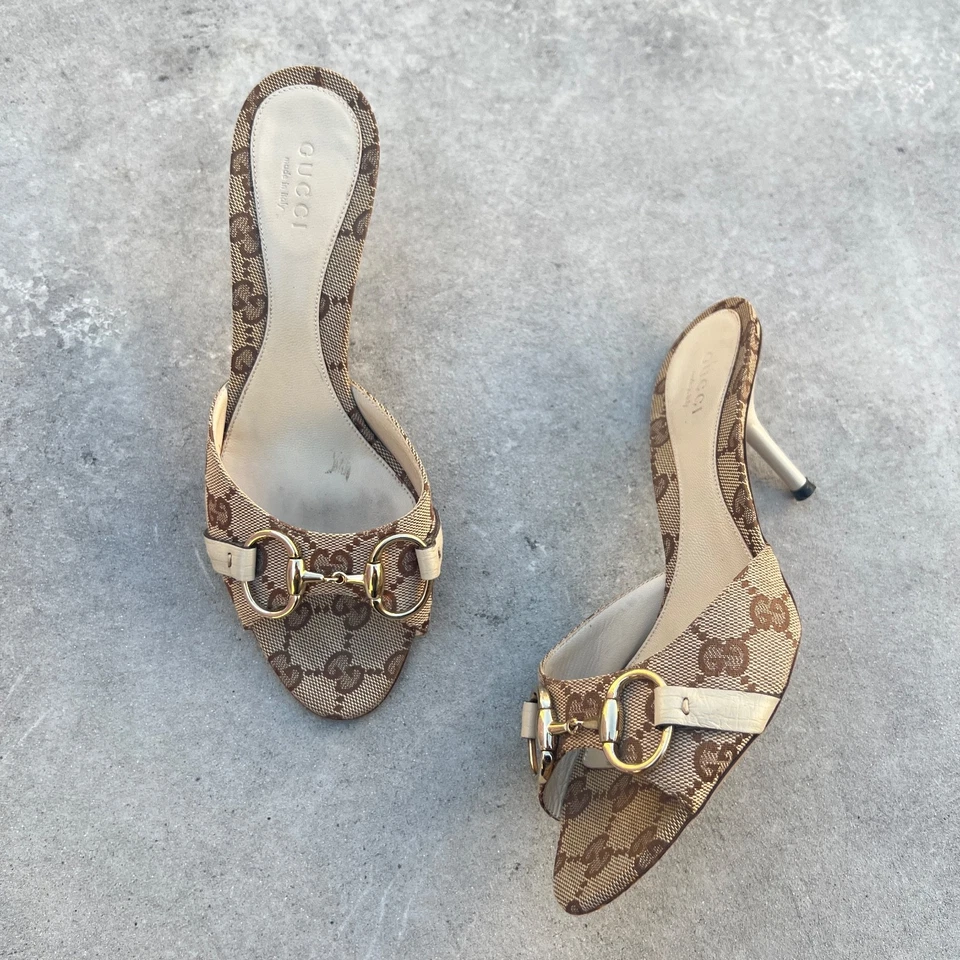 Gucci | Подлинный Vint GG монограмма Horsebit бежевый холст кожаный Stiletto мулы (35) - Изображение 1 из 4