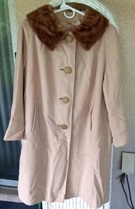 Vintage 100% Cashmere Women's Swing Coat with Fur Collar - Tan/beige - 1960ss - Picture 1 of 8