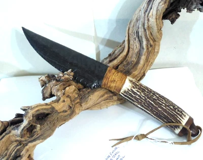 VTG "Black Obsidian Blade "Hunting Knife" Elk Horn Handle Custom Made Excellent - Image 1 of 4