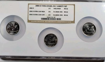 2004-D WISCONSIN 25c 3 COIN VARIETY SET EXTRA HIGH & LOW LEAF & REG. NGC MS 66 - Image 1 of 4
