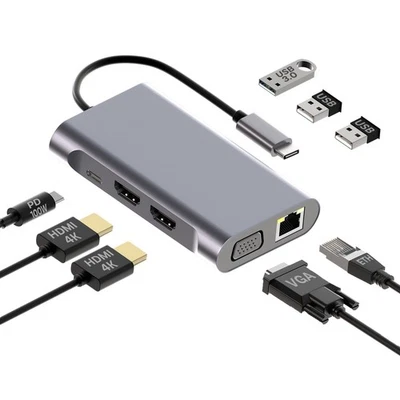 MMOBIEL USB-C to Dual HDMI Hub 8-in-1 USB-Hub & 100W PD Adapter - Aluminum - Image 1 of 4