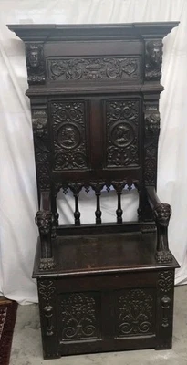 CADEIRA ESCULPIDA EM CARVALHO FRANCÊS ANTIGA DE 1800 / BANCO DE SALÃO / ESTILO CASTELO GÓTICO L@@K! - Imagem 1 de 4