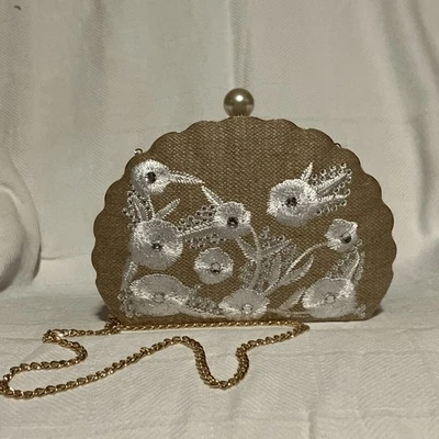NWT Haute Hippie Clamshell Jute w/ White Embroidered  Flowers Rhinestones Purse - Image 1 of 4