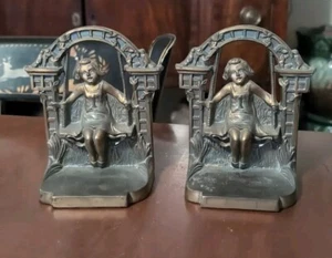 Swinging Girl & Arbor Bookends Antique American Bronzed Spelter - Picture 1 of 15