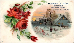 Morgan E. Gipe Interior Decorations York PA Snowy Cottage Victorian Trade Card - Picture 1 of 2