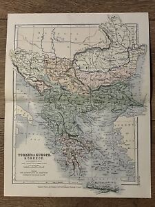 Antique Map Turkey in Europe & Greece 1879 Johnston RARE