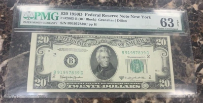1950-D $20 FRN New York Fr. 2063-B PMG 63 EPQ Serial B91957839C - Image 1 of 4