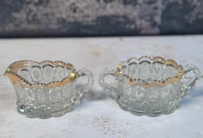Juego de 2 piezas de vidrio transparente con borde dorado azúcar y crema de cristal tallado vintage Foto 1 de 4