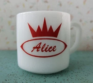 Vintage MCM Milk Glass Federal Glass Mug Alice In Red Crown D Handle - Picture 1 of 4