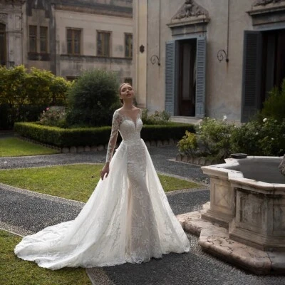 Mermaid Wedding Dresses Applique Long Sleeve Detachable Train Bridal Gowns - Image 1 of 4