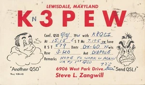 QSL CARD HAM RADIO K3PEW KN3PEW STEVE L. ZANGWILL LEWISDALE, MARYLAND YEAR 1961 - Picture 1 of 2