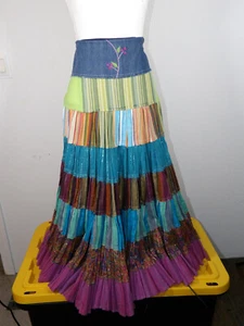 Vintage Multi Colored Broomstick Skirt Denim Waist Beaded - Picture 1 of 2