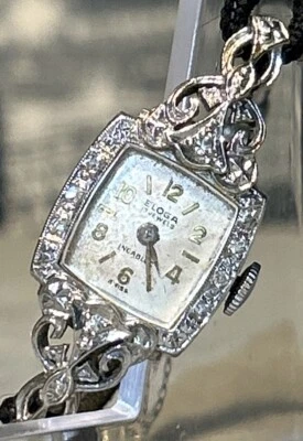 Reloj suizo vintage para mujer Eloga 17 joyas platino u oro blanco? Con diamantes Foto 1 de 4