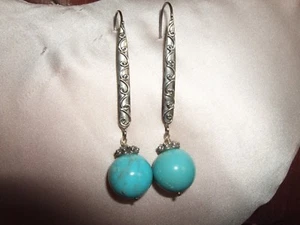 ORECCHINI PENDENTI EARRINGS TURCHESE TURQUOISE GANCETTO ARGENTO 925 SILVER STERL - Picture 1 of 4