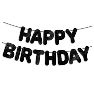 Pre-Strung Happy Birthday Banner - Glitter - NO DIY - Birthday Party Black - Picture 1 of 6