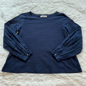 Loft Women Top Medium Blue Embroidered Sleeves Sweater Cotton Minimalist 15039 - Picture 1 of 8