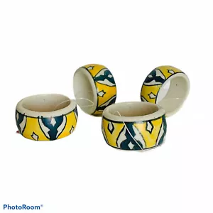 Pier 1 Imports Southwestern Painted Green Yellow Ceramic Napkin Rings Set of 4 - Picture 1 of 1