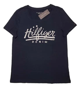WOMEN'S TOMMY HILFIGER DENIM THD SCRIPT RELAXED FIT T-SHIRT TEE NAVY WHITE S - Picture 1 of 3