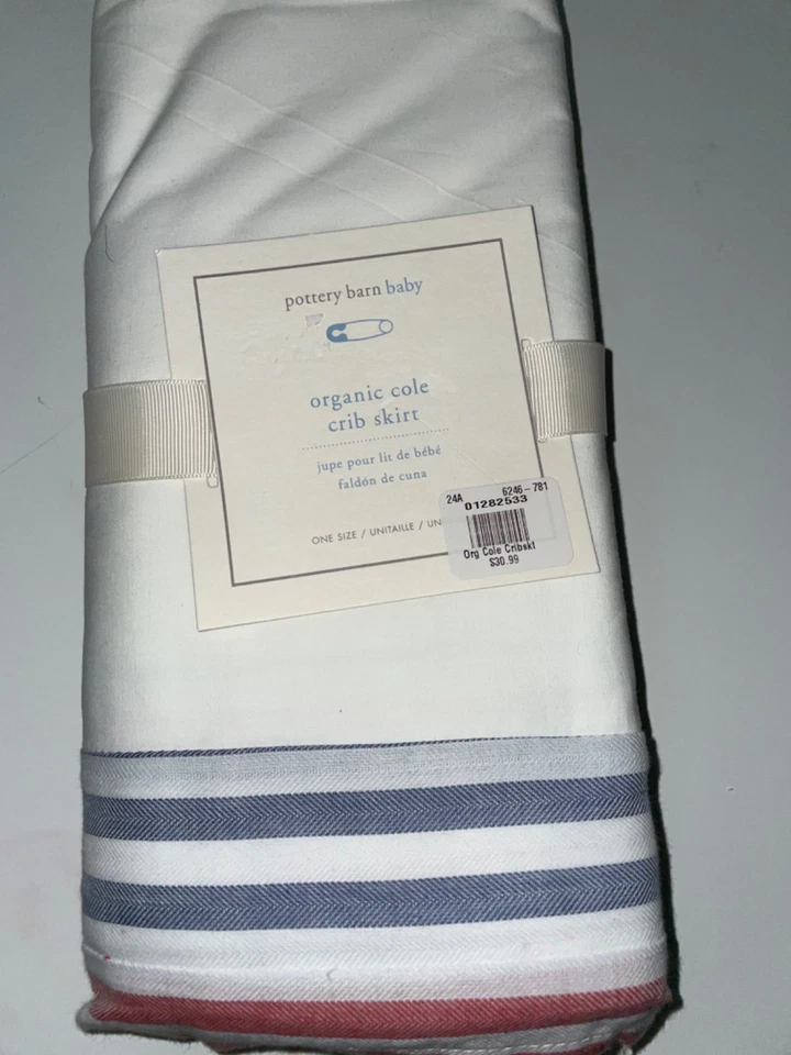Pottery Barn Baby органический Cole кроватки юбка хлопок 16» падение красный синий полоски новый - Изображение 1 из 2
