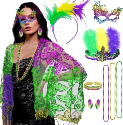 Simple polymer 9 Pcs Mardi Gras Shawl Scarf Costume with Feather Headband Earrin - Image 1 of 4