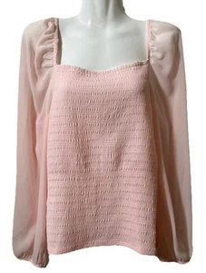Halogen Top L Pink Smocked Puff Semi Sheer Sleeve Fairycore Princesscore Glam - Picture 1 of 7