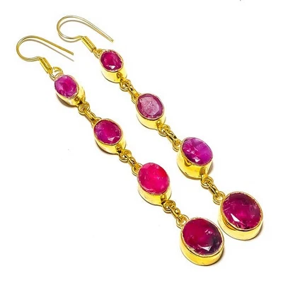 Pendiente antiguo enchapado en oro amarillo de 18k con piedras preciosas de rubí (simulado) 3,71" E7-888 Foto 1 de 3