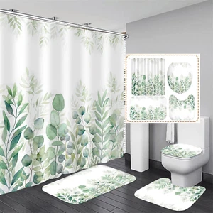 Green Leaves Shower Curtain Sets with Non-Slip Rug, Toilet Lid Cover and Bath Ma - Picture 1 of 7