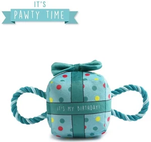 Birthday Present Dog Toy - Blue. Squeaker, Rope Handles, Plush, Chase. 2 Sizes. - Picture 1 of 5