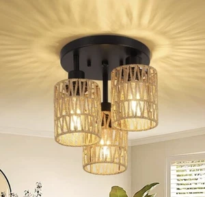 3-Light Semi Flush Mount Ceiling Light Farmhouse Rattan Pendant Lamp Fixture NEW - Picture 1 of 1