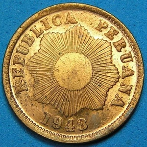 Peru 1 Centavo Bronze Coin 1948 UNC RED, KM-211a, Free S/H after 1st item - Picture 1 of 2